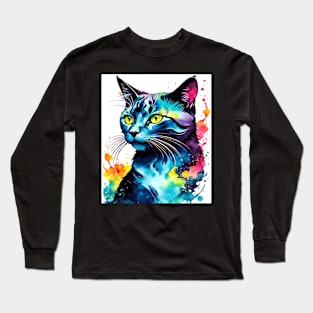 Abstract Watercolor Cat, Cute Design With Animals Long Sleeve T-Shirt